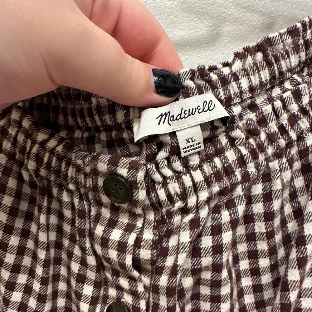 Madewell Brown and White Gingham Button-Front Peasant Blouse - Picture 3 of 6